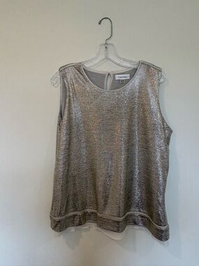 Calvin Klein Metallic Shimmer Sleeveless Blouse Silver Party Top
